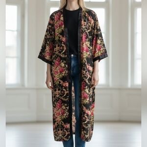 Oscar de la Renta Floral Kimono Robe Duster Jacket Long Open Front Pockets S/M